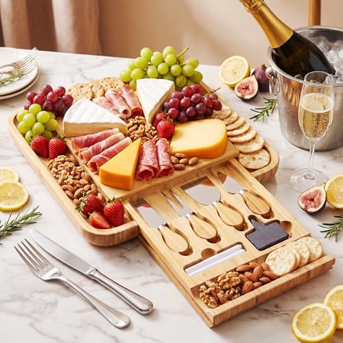 Bamboo Charcuterie Board Set, 13 Inch Cheese Board with Knives, Sauce