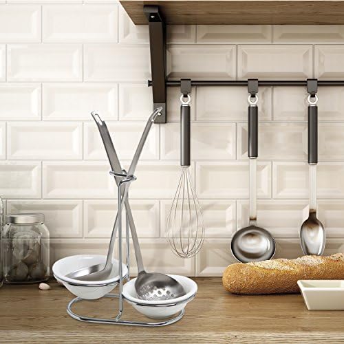 MyGift Ceramic Spoon Rest, Upright Ladle Holder with Steel Rack Set of