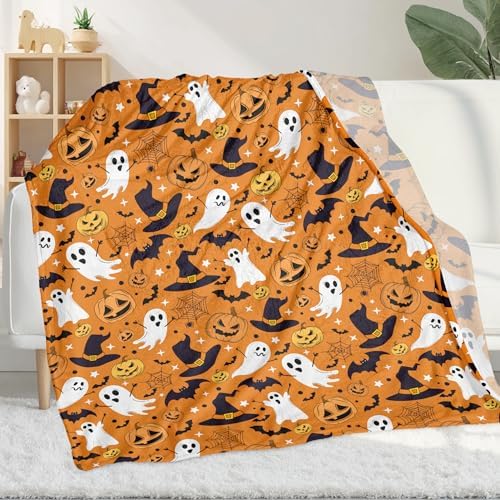 Orange Halloween Blanket, Spooky Pumpkin Ghosts Fleece Throw Blanket