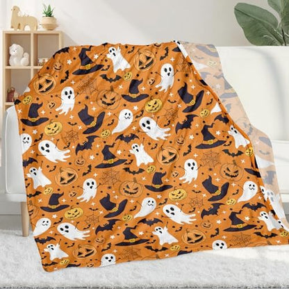 Orange Halloween Blanket, Spooky Pumpkin Ghosts Fleece Throw Blanket