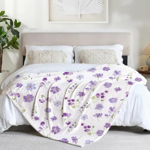 Floral Throw Blanket Purple Flowers Blanket Ultra Soft Flannel Fleece