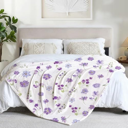Floral Throw Blanket Purple Flowers Blanket Ultra Soft Flannel Fleece