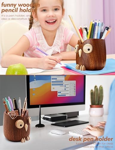 Solid Wood Owl Pen Holder for Desk with Adjustable Expressions, Funny