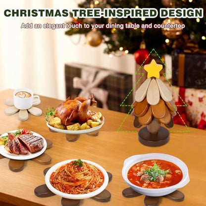 Wooden Tree Trivets for Hot Dishes,Christmas Tree Shape Coaster Set of