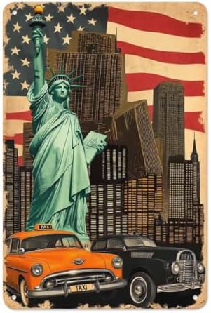 AOYEGO New York City Taxi Car Tin Sign,America Flag Auto Skyscraper
