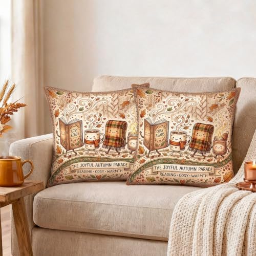 Cozy Autumn Reading Animated Objects Throw Pillow Covers 22x22 Set of