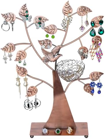 MyGift Bronze Jewelry Tree Stand with Bird Nest, Holds 48 Pairs of
