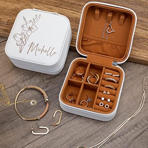 Custom Leather Jewelry Box w/Name & Birth Flower Month - Birthday