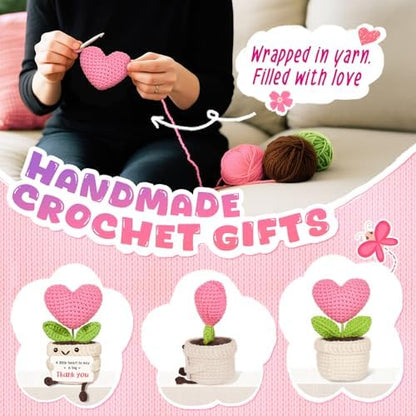 Thank You Gifts for Women, Crochet Pink Heart Flower with Appreciation