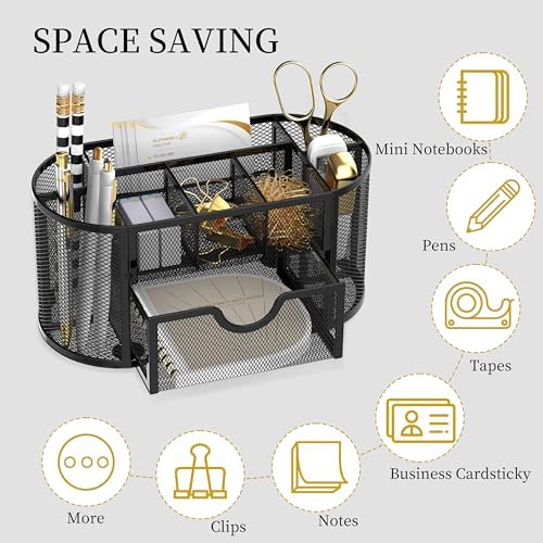 Mesh Desk Organizer with Drawer, 9-Compartment Pen Holder for Desk