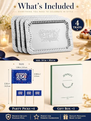 4 Pack America 250 Year Anniversary Unique Silver Trays for Serving