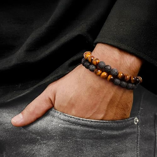 M MOOHAM Mens Bracelet - Beaded Natural Stone 8mm Tiger Eye Matte