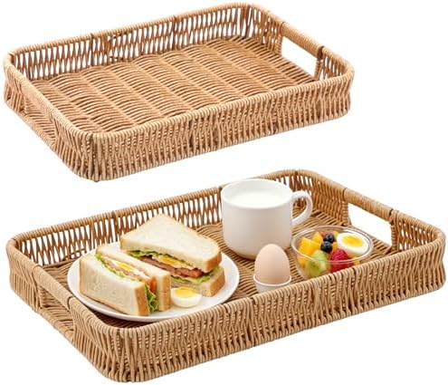 2pcs Woven Baskets Serving Trays with Handles, Rectangular Decorative