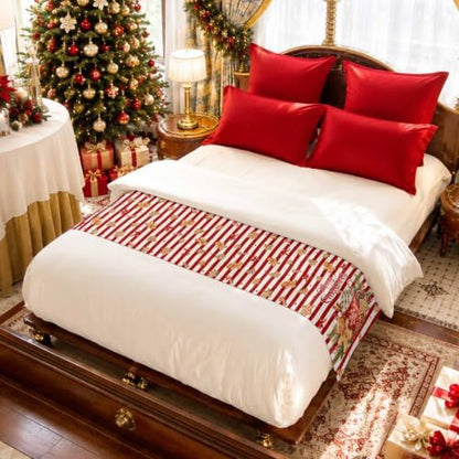 Merry Christmas Bed Runner Scarf Twin Size, Xmas Cocoa Mug Gingerbread
