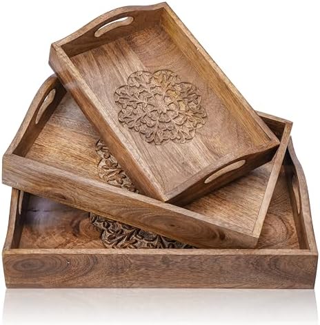 Ajuny Wooden Serving Trays Set of 3 with Handles, Hand Carved Flower