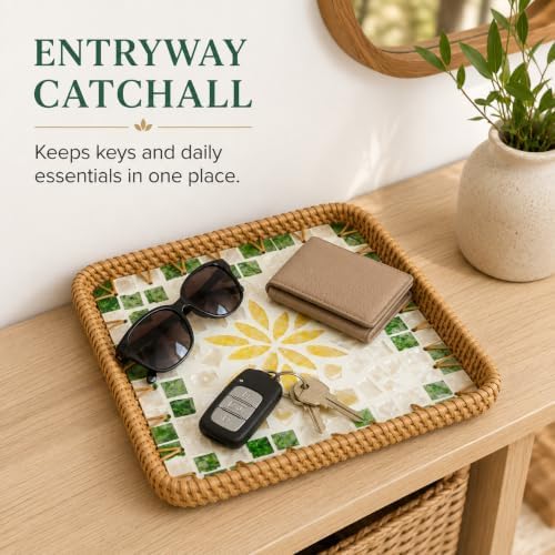 Shell Inlay Rattan Tray, 8.66 in Square Entryway Key Basket (Yellow)