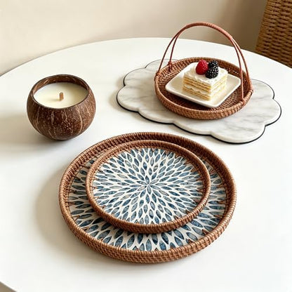 Mother of Pearl Tray Round Rattan Tray with Mother of Pearl Inlay