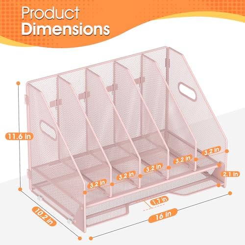 5 Vertical Mesh Desk Organizer with Paper Letter Tray, Pink