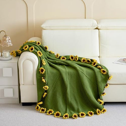 Longhui bedding Crochet Flower Bouquet Throw Blanket, Handmade Knitted