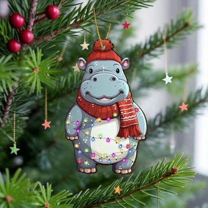Cute Hippopotamus Christmas Ornaments 2026, 2 Side Printed Wooden