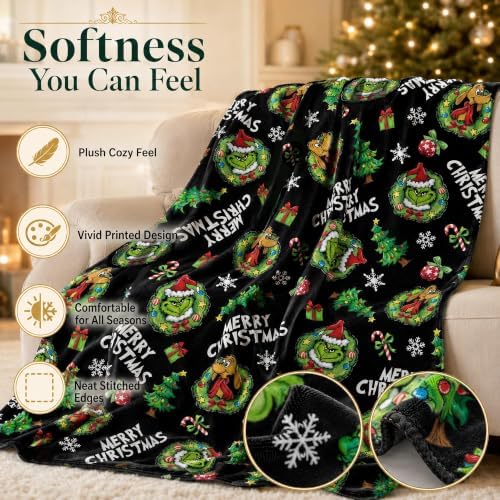 Holiday Character Christmas Throw Blanket, 50x60in Soft Flannel Green