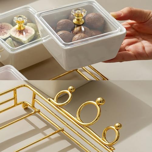 YA JU Ceramic Bowls and with Lid Gold Basket Trays, 4 Removable Small
