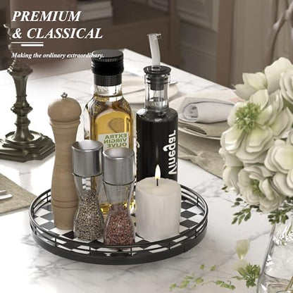 AMH 10-Inch Black and White Checkerboard Lazy Susan with Oak Base