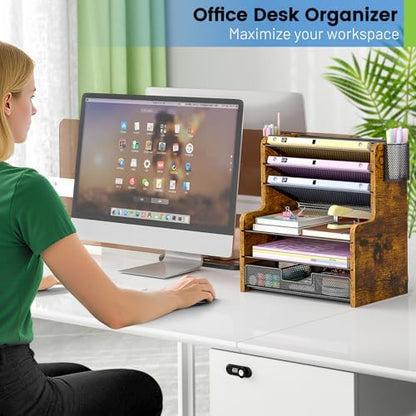 DAOUTIME 6-Tier Mesh Desk Organizer with Drawer, Wooden Office