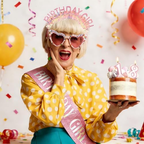 Atoden Birthday Girl Sash Glitter Headband Tiara Crown Sunglasses Pink