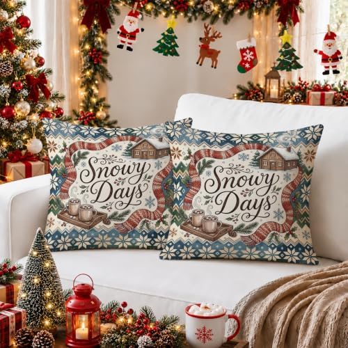 Winter Cabin Snowy Days Quote Christmas Throw Pillow Covers 14x14 Set