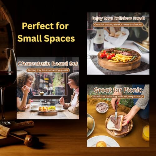 8" Round Wood Cheese Board Set with 4 Stainless Steel Knives & Hidden