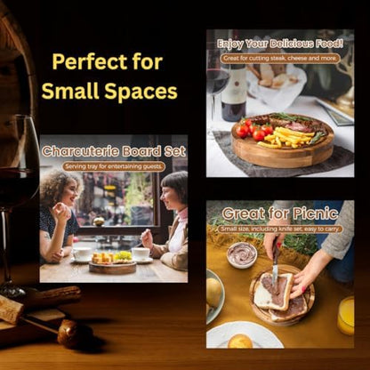 8" Round Wood Cheese Board Set with 4 Stainless Steel Knives & Hidden