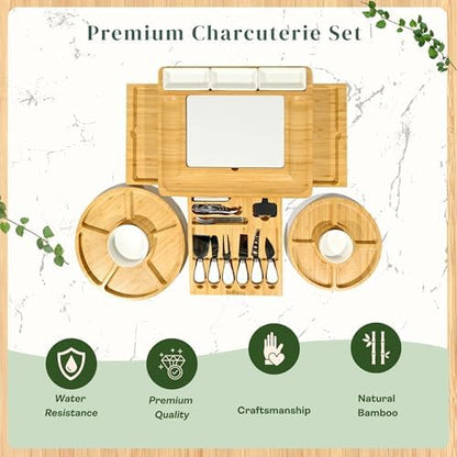 Charcuterie Board Set, Bamboo Cheese Serving Platter with 3 Ceramic
