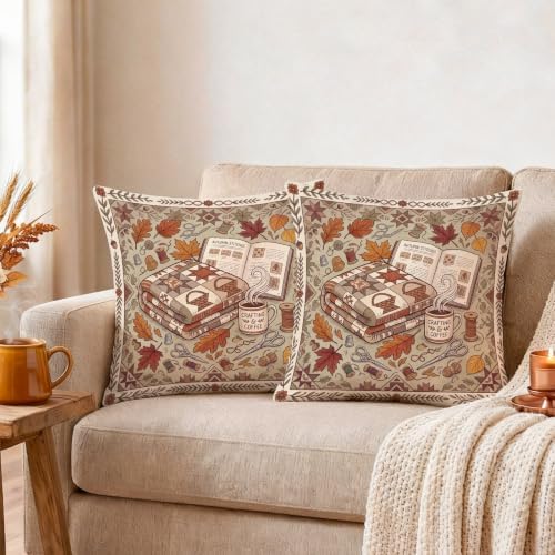 Cozy Autumn Reading Nook Quote Leaves Throw Pillow Covers 18x18 Set of