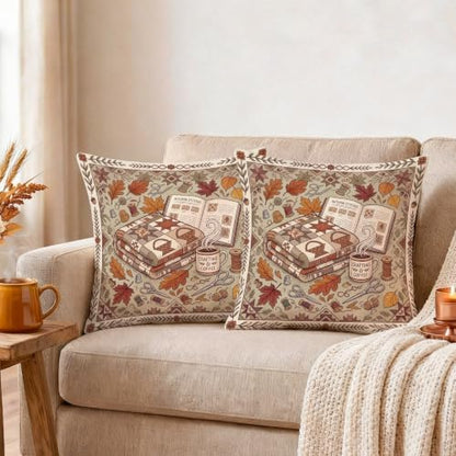 Cozy Autumn Reading Nook Quote Leaves Throw Pillow Covers 18x18 Set of
