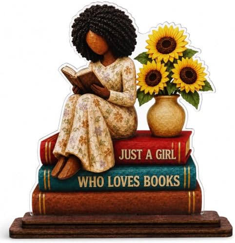 Book Lover Gifts for Women, Black Girl Reading Desk Plaque, Bookshelf