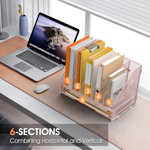 5 Vertical Mesh Desk Organizer with Paper Letter Tray, Pink
