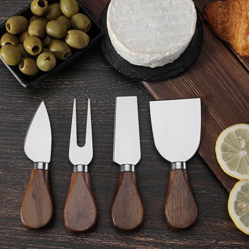 Linwnil 4-Piece Set of Stainless Steel Cheese Knives with Wood Hand