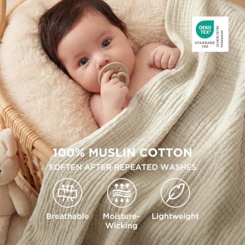 Bedsure 100% Cotton Muslin Blankets for Adults, Large Throw, Linen