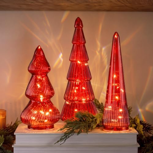 Leitee 3 Pcs Glass Christmas Tree Set with Lights, Burgundy