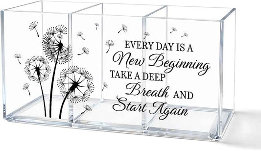 Every Day Is a New Beginning Dandelion Acrylic Pen Stationery Organizer 3 Compartments, Dandelion Clear Desktop Organizer for Office School Home, Housewarming Gifts for Women Friends