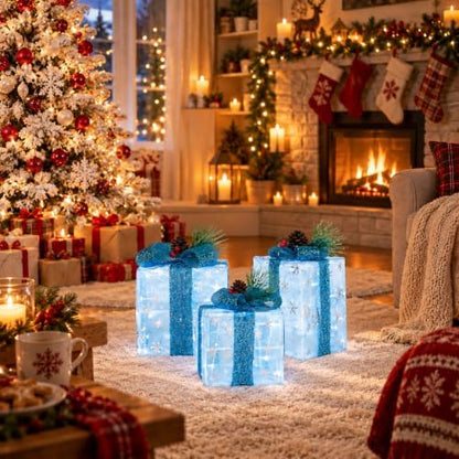 Set of 3 Snowflake Lighted Boxes, Blue