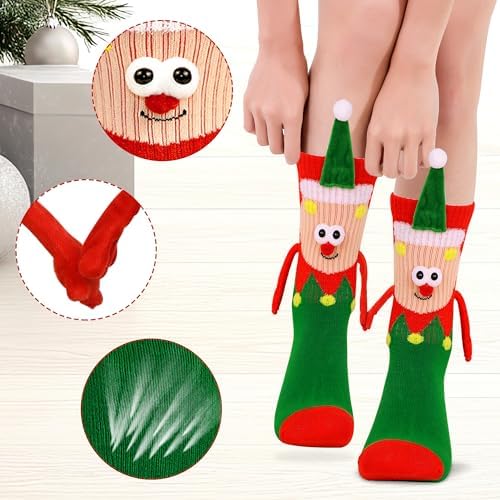 Itscolofy 4 Pairs Funny Christmas Socks, Magnetic Hand Holding Socks