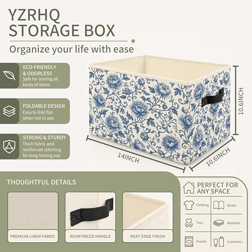 Chinoiserie Floral Storage Bins with Handles, Vintage Blue and White