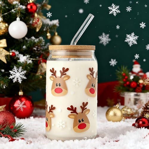 Christmas Reindeer Cup, 16oz Clear Glass Cups with Lids and Straws