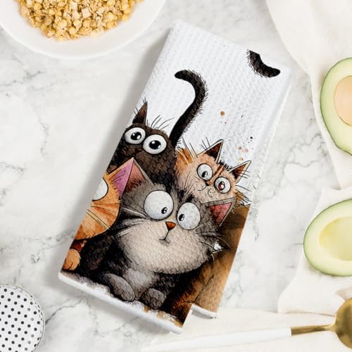 Jztco 3 Pcs Cute Cat Kitchen Towels, Cats Soft Absorbent Hand Tea