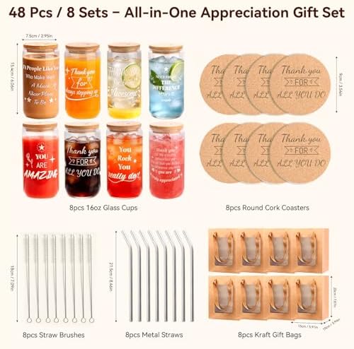 40 Pcs/8 Sets Employee Appreciation Gifts Glass Cups with Coasters