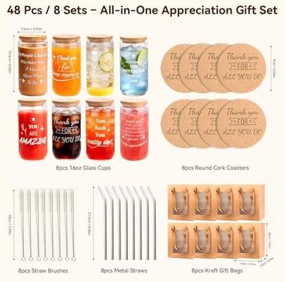 40 Pcs/8 Sets Employee Appreciation Gifts Glass Cups with Coasters