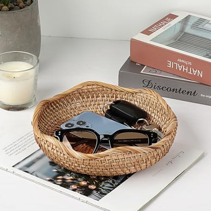 Hipiwe Natural Rattan Tray 8.5" Wicker Key Basket Bowl for Entryway