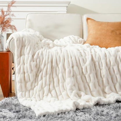 BATTILO Soft Ivory Faux Fur Throw Blanket for Couch, 50"x60", Double
